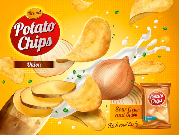 Vector potato chips advertisement, onion cream flavor 