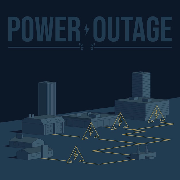 Vector power outage alert retro poster in monochromatic colors infographics houses buildings mall transformer electrical network diagram power outage warning sign industrial vector illustration