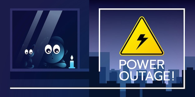 Vector power outage banner with a warning sign with lightning symbol and kid with a cat in the window vector illustration