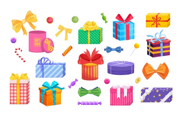 Vector present wrapped gift box differents shapes with ribbons bows sweets tie bow colorful