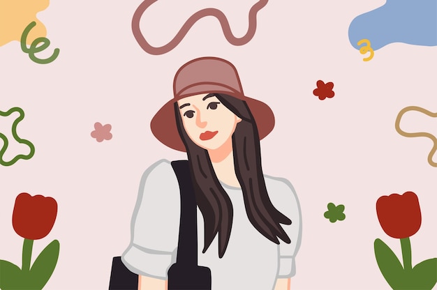 Vector pretty girl with hat and floral background illustration vector