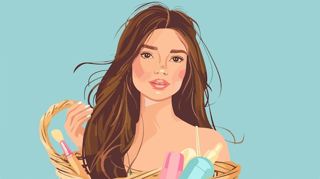 Vector pretty young woman holding wooden easter basket