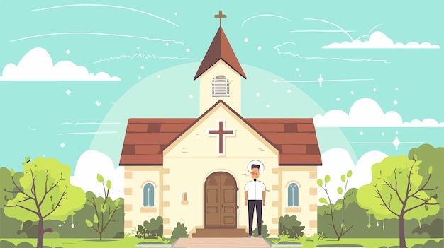 Vector priest standing in front of church in flat style design