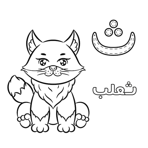 Printable Arabic letter alphabet sketch sheet learning the Arabic letter with fox for coloring