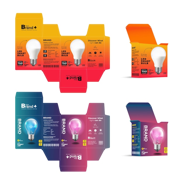 Vector printable packaging box and led bulb concept design with separate layer organized