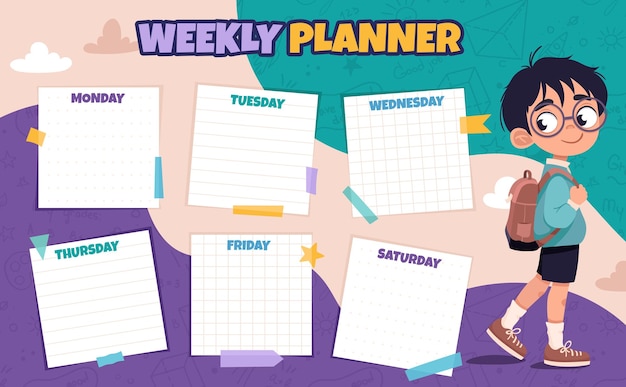 Vector printable weekly or daily planner school timetable with cute schoolboy in school uniform