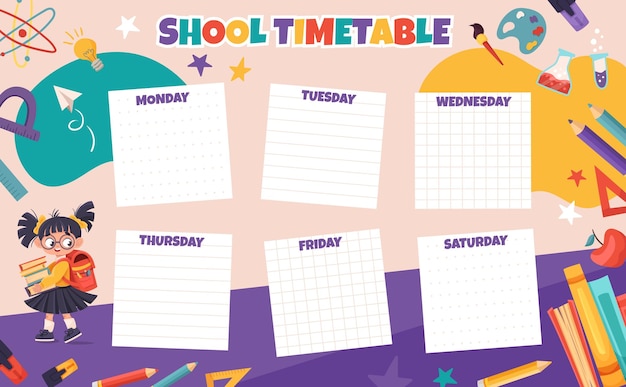 Vector printable weekly or daily planner school timetable with cute schoolgirl in school uniform backpack