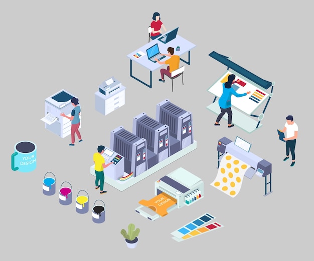 Vector printing services vector flat 3d isometric illustration