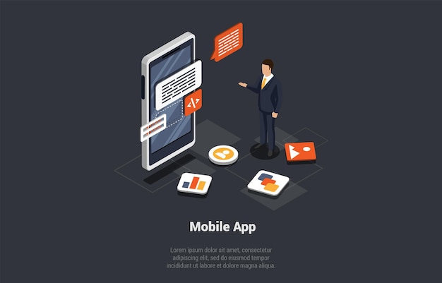 Vector process of mobile application development and presentation analysis trends and software development coding process concept programming man near huge smartphone isometric 3d vector illustration