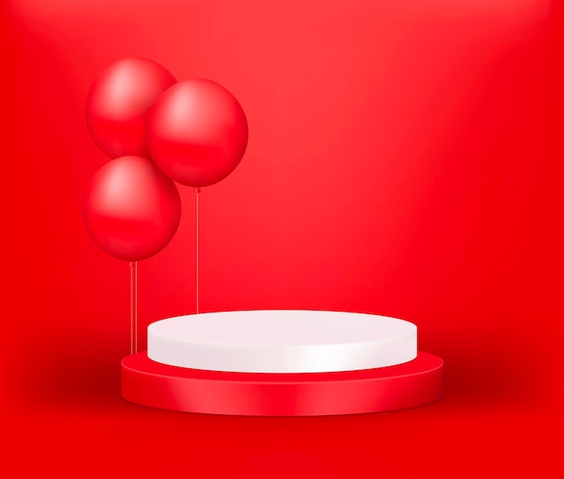 Product display podium with red balloon red background. Chinese New Year. 3D rendering red podium.