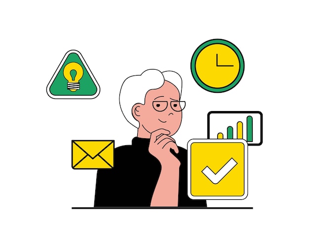 Productivity workplace concept with character situation Man works efficiently and completes tasks to deadline motivation and inspiration Vector illustration with people scene in flat design for web