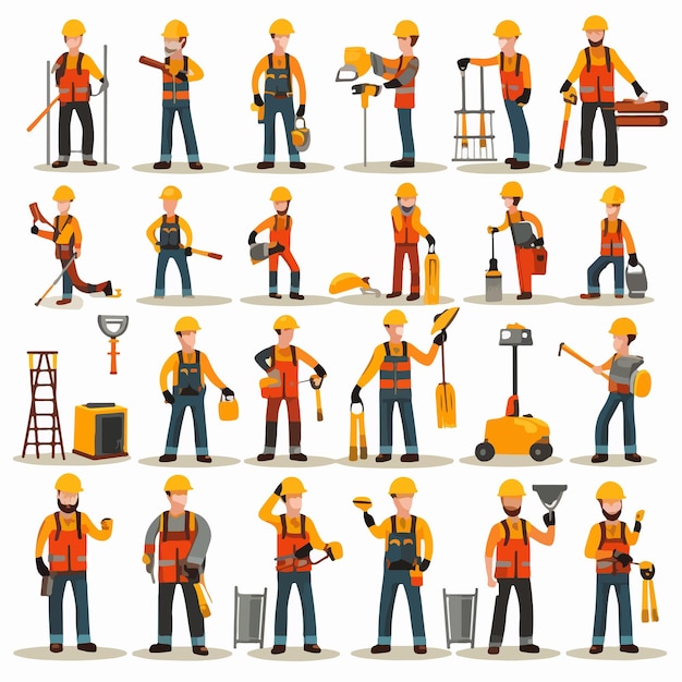 Vector professional construction worker set with people and tools illustration