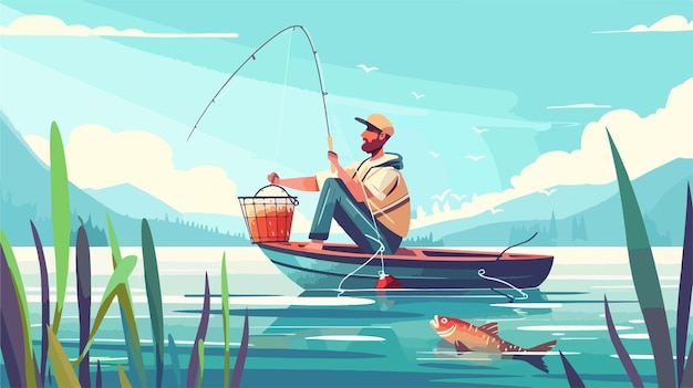 Vector professional fisherman with fishing rod concept