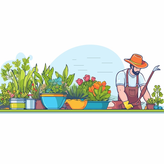 Vector professional gardener in hat watering potted plants horizontal banner image