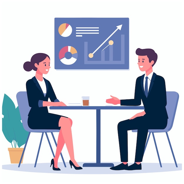 a professional man and woman chatting at a table flat simple vector illustrations