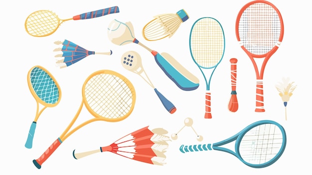 Vector professional various sport equipment with feather shuttlecock on white background