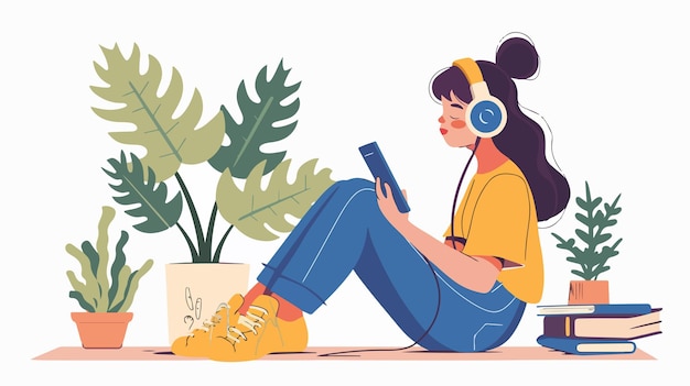 Vector professional woman listening to podcast with young girl and smartphone