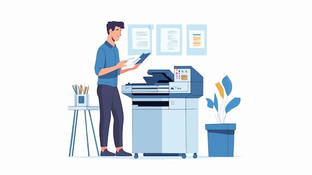 Vector professional young man operating printer at workplace