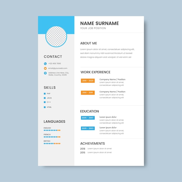 Professionele CV briefhoofdlay-out met gegeven ruimte voor fotobewerking.