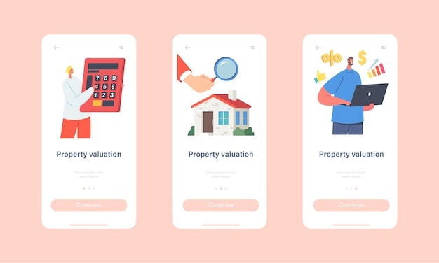 Vector property valuation mobile app page onboard screen template. appraisers characters doing house inspection. home appraisal, real estate value, assessment concept. cartoon people vector illustration