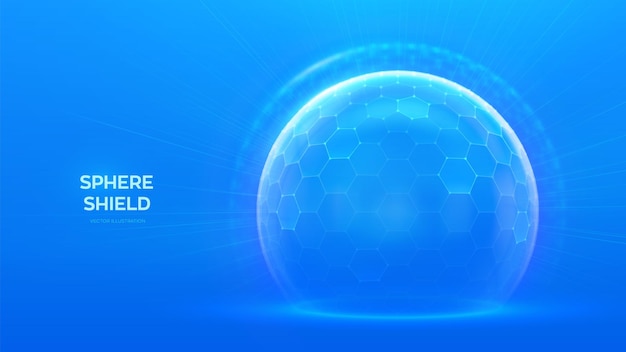 Vector protection sphere shield with hexagon pattern on blue background glass dome shield safety concept