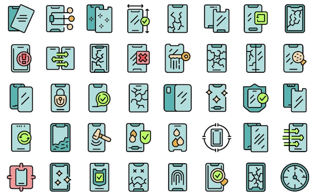 Protective glass for smartphone icons set vector flat