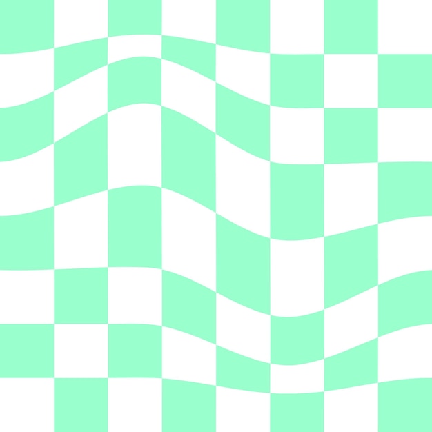 Vector psychedelic pattern with warped green and white squares distorted chess board background checkered