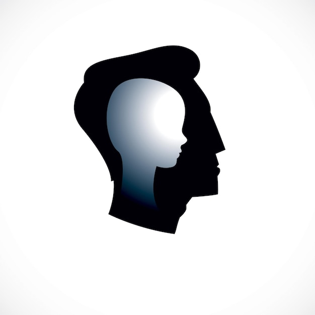 Vector psychology vector logo created with man head profile and little child boy inside, inner child concept, origin of human individuality and psychic problems. psychotherapy and psychoanalysis concept.