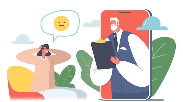 Psychotherapy Helpline, Online Consultation. Doctor Psychologist Character Listening Anxious Patient on Smartphone Screen Distant Conversation Solve Mind Problems. Cartoon People Vector Illustration