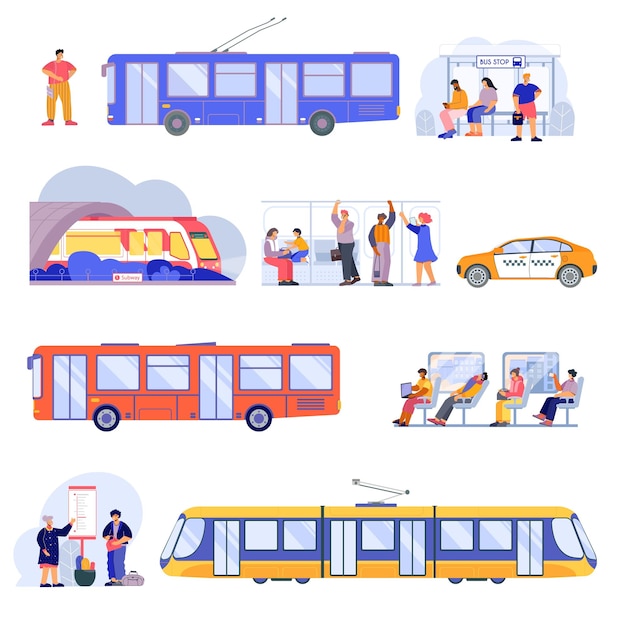 Vector public transport bus trolleybus underground subway trains interior passengers waiting tram taxi flat icons set vector illustration