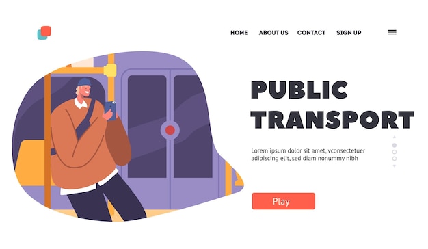 Public Transport Landing Page Template Man Passenger in Underground Train City Dweller in Metro Subway Tube