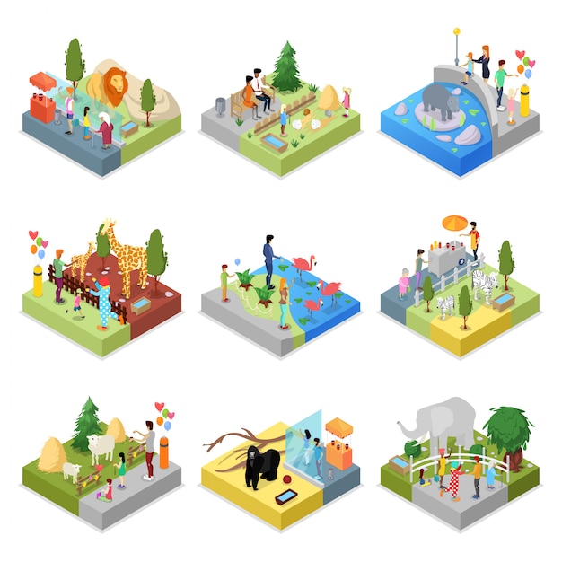 Vector public zoo landscapes isometric 3d set