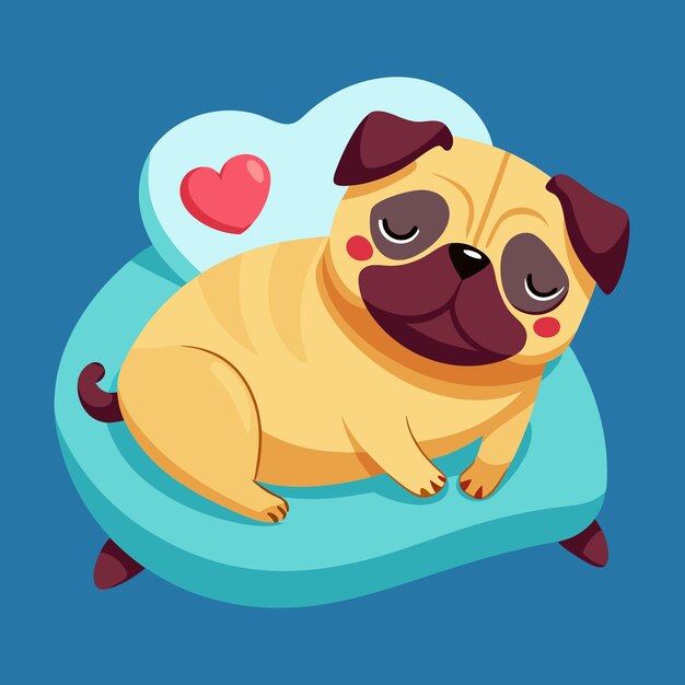 Vector a pug dog laying on a blue couch with a heart on its face