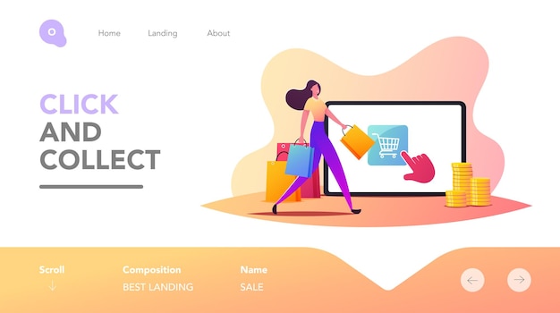 Vector purchase in one click, online shopping landing page template. tiny female customer character walking with bag near huge tablet use app for buying in digital internet store. cartoon vector illustration