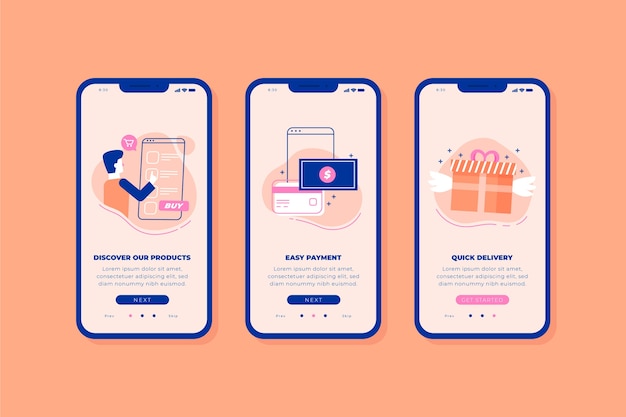 Purchase online onboarding app screens