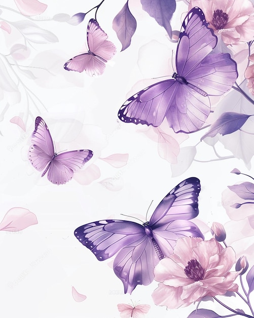 Purple Butterflies and Pink on White