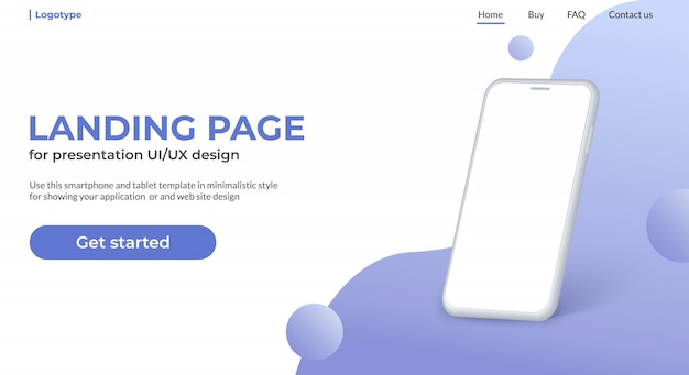 Vector purple landing page with white smart phone with blank screen.
