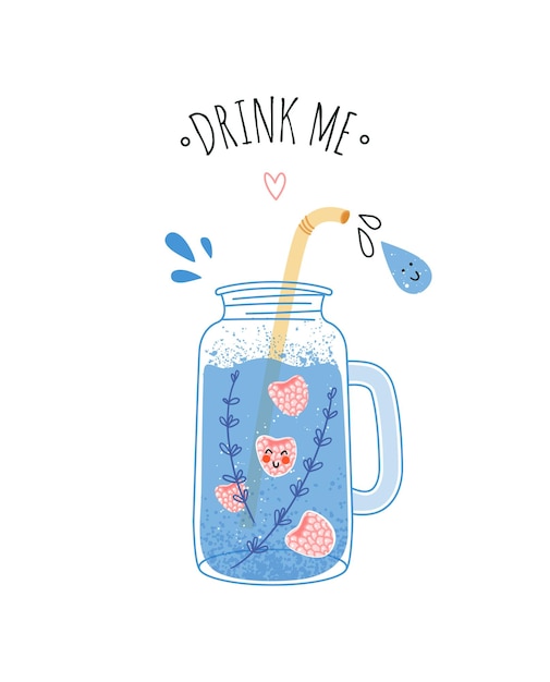 Quote Drink me water print drinking water in glass mug with raspberries and sprigs of rosemary