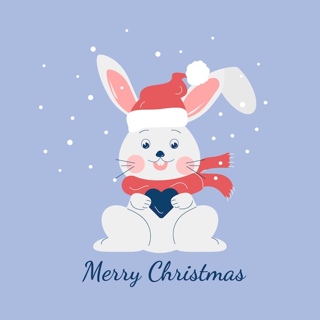 Rabbit in a Merry Christmas hat New Year Vector illustration