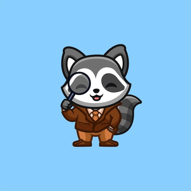 Raccoon Detective Cute Creative Kawaii Cartoon Mascot Logo