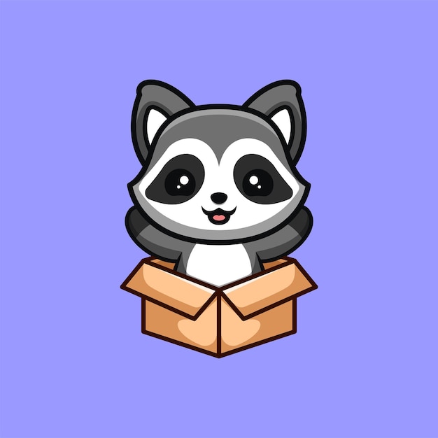 Raccoon Sitting Out From Box Cute Creative Kawaii Cartoon Mascot Logo