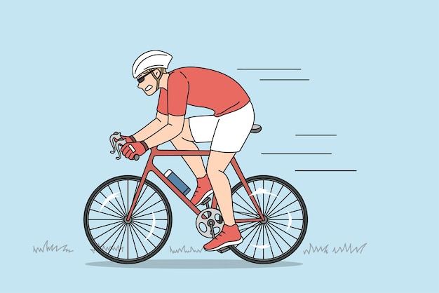 Vector racing cyclist and speed concept. young man racing cyclist wearing sportswear and helmet making trip outdoors during summer vector illustration
