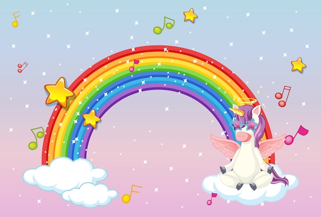 Rainbow with cute unicorn or pegasus on pastel sky