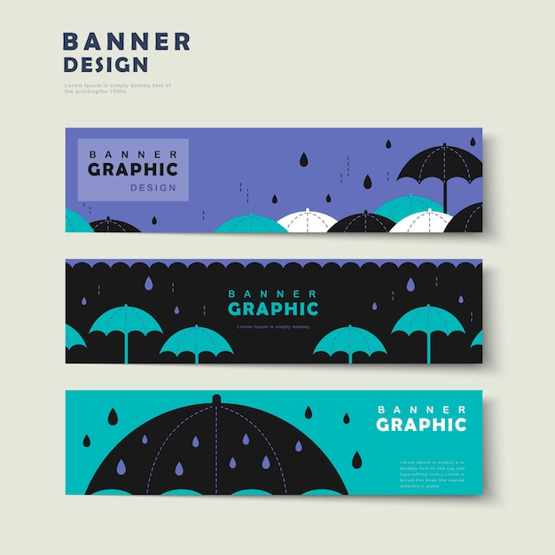 Rainy day banner template design set with lovely umbrella