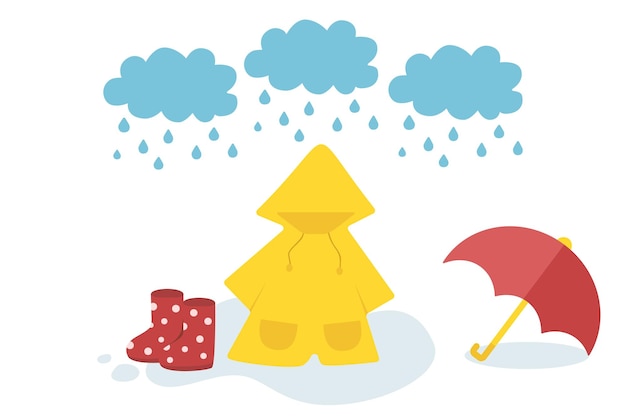 Vector rainy icons element set by hand drawn with color rain season tone rainy cartoon icons such as raining boots umbrella and rain suit