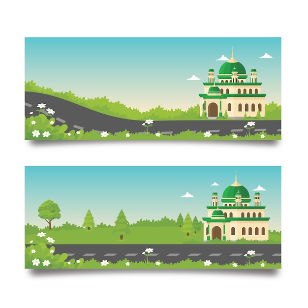 Vector ramadan banner with mosque and natural landscape