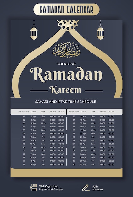 Ramadan Kareem Calendar Premium Template Ramadan Iftar and Sehri Time Table