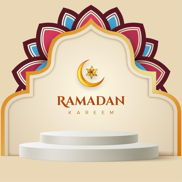 Ramadan kareem greeting background in paper style with podium