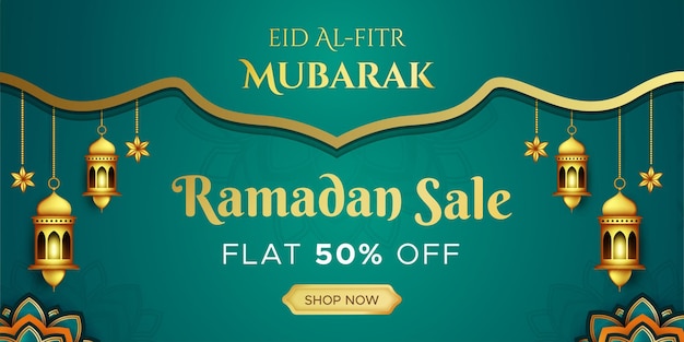 Ramadan kareem sale banner web header design with hanging intricate lanterns template