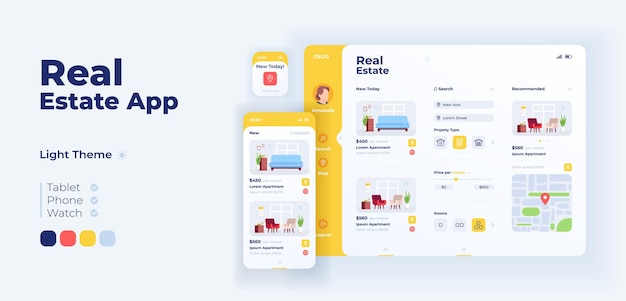 Real estate app screen vector adaptive design template. Realtor agency. Buying apartment application day mode interface with flat objects. Smartphone, tablet, smart watch cartoon UI